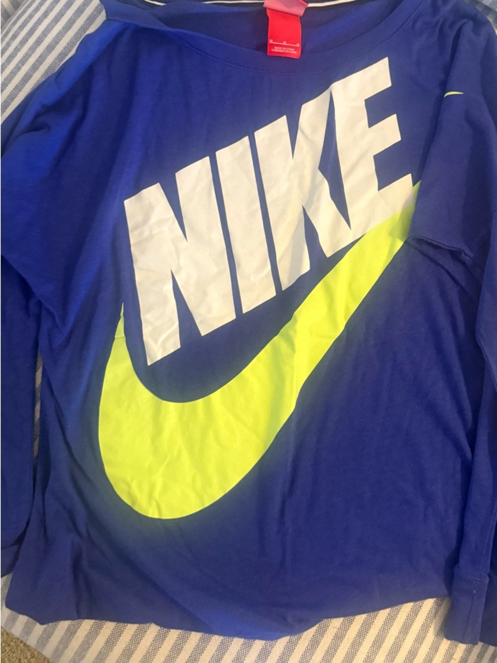 Nike Royal Blue Long Sleeve Shirt with Neon Yellow Swoosh